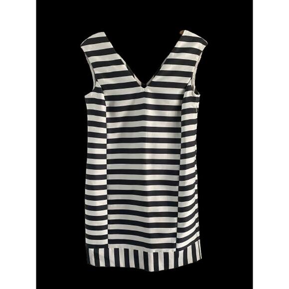 NWT Italian Sleeveless‎ Retro Mini Dress Black White Striped V Neck Mod Style XS - Picture 1 of 9